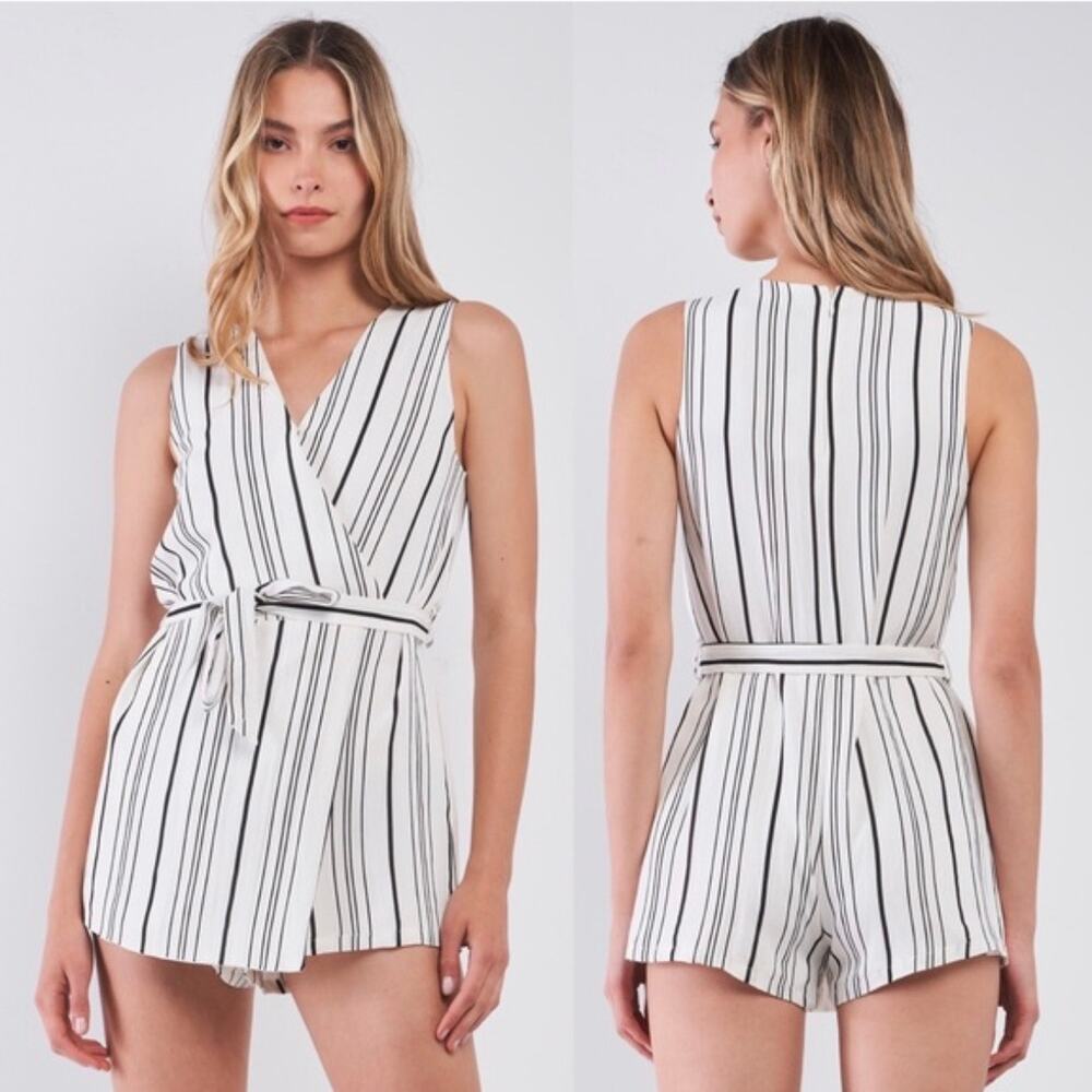 Striped White & Black Sleeveless Wrap Romper